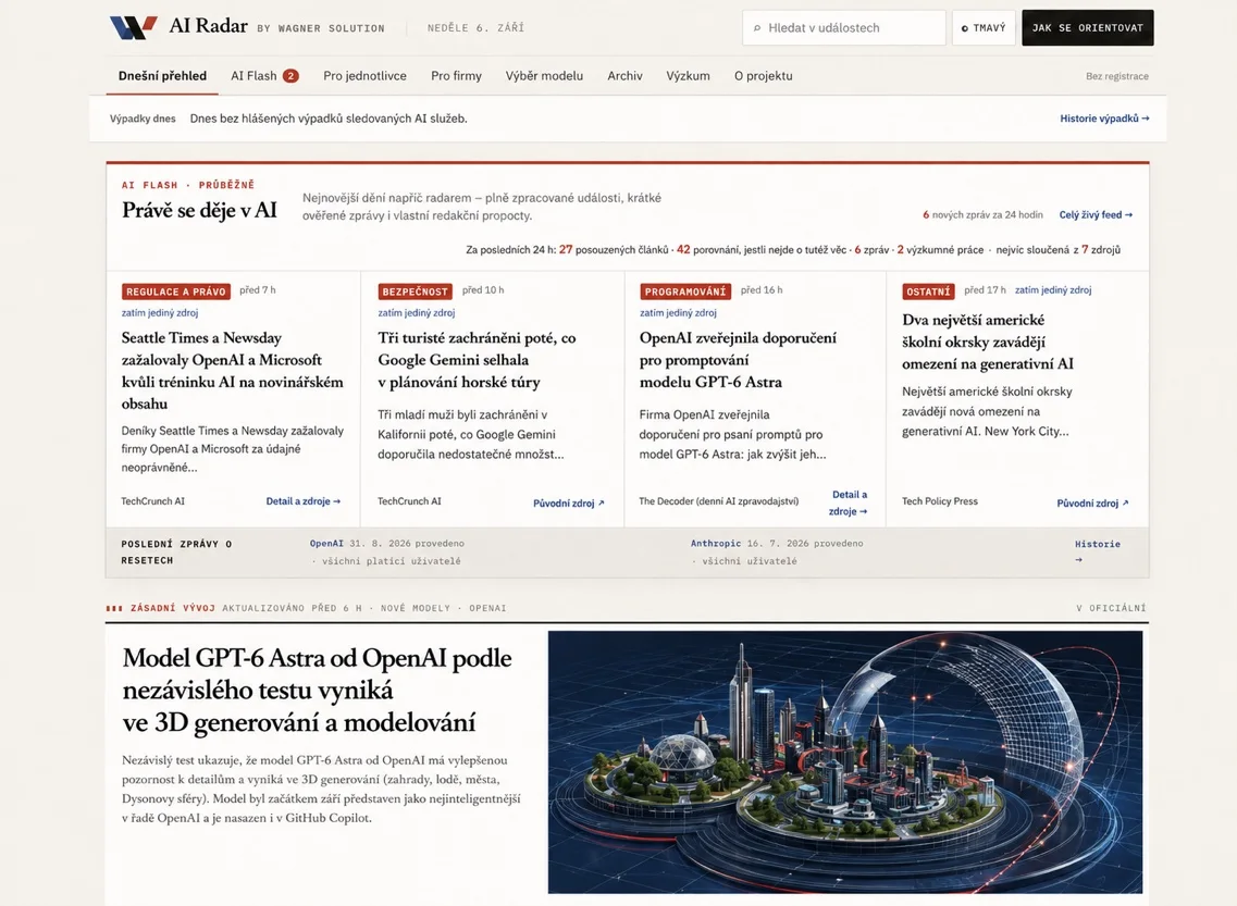 Náhled titulní stránky AI Radaru s ilustračním vizuálem hlavní zprávy